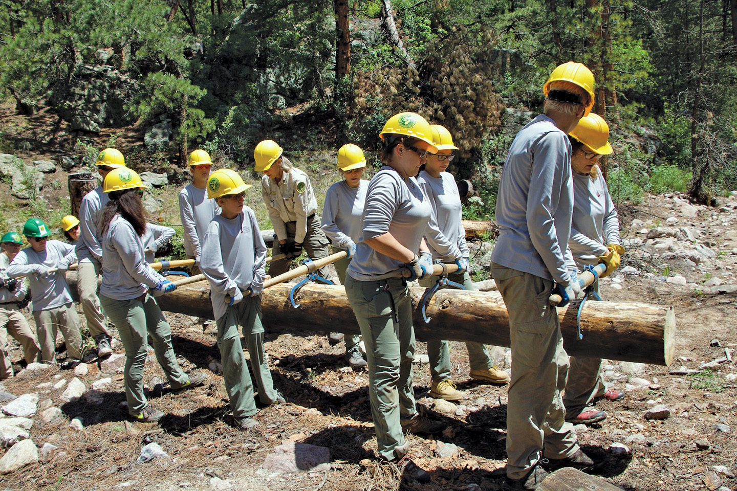 High School Leadership Corps members moving a trail log in a forest