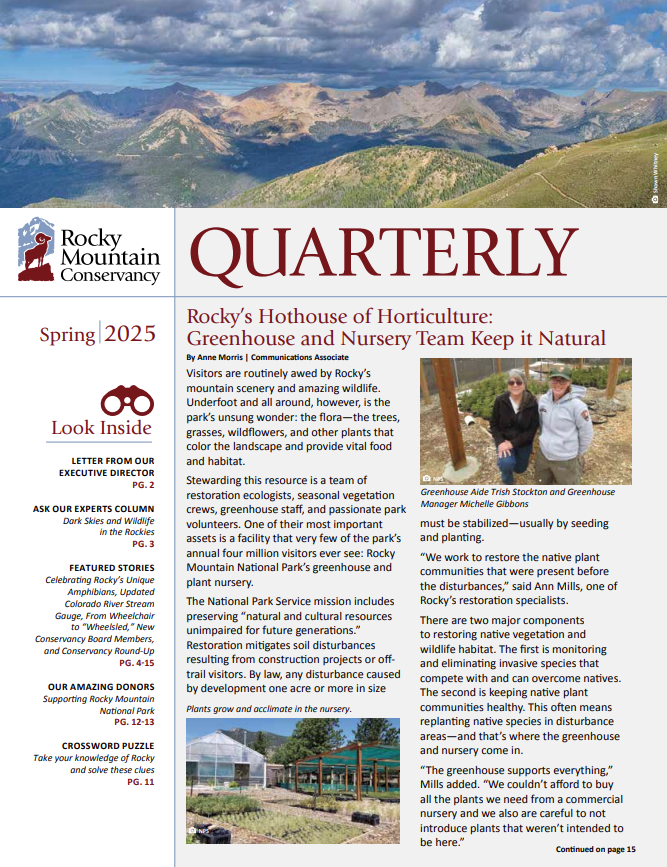 Cover of the Rocky Mountain Conservancy Spring 2025 quarterly magazine, featuring an article on horticulture with a photo of staff working among plants in a greenhouse.