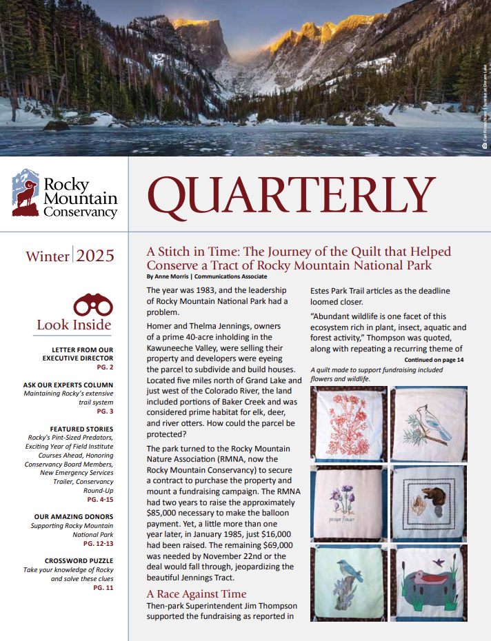 Cover of the Rocky Mountain Conservancy Quarterly Winter 2025 issue, featuring a snowy landscape and headlines about Rocky Mountain National Park and conservation efforts.