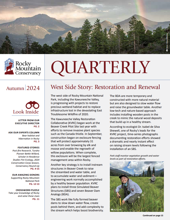 Front page of Rocky Mountain Conservancy Autumn 2024 newsletter featuring articles and a main story about restoration work in Rocky Mountain National Park, with a photo of a smiling person outdoors.