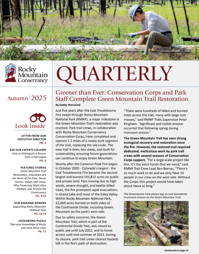 Front page of the Rocky Mountain Conservancy Quarterly Autumn 2025, featuring articles on trail restoration, fire recovery, and conservation efforts in Rocky Mountain National Park.