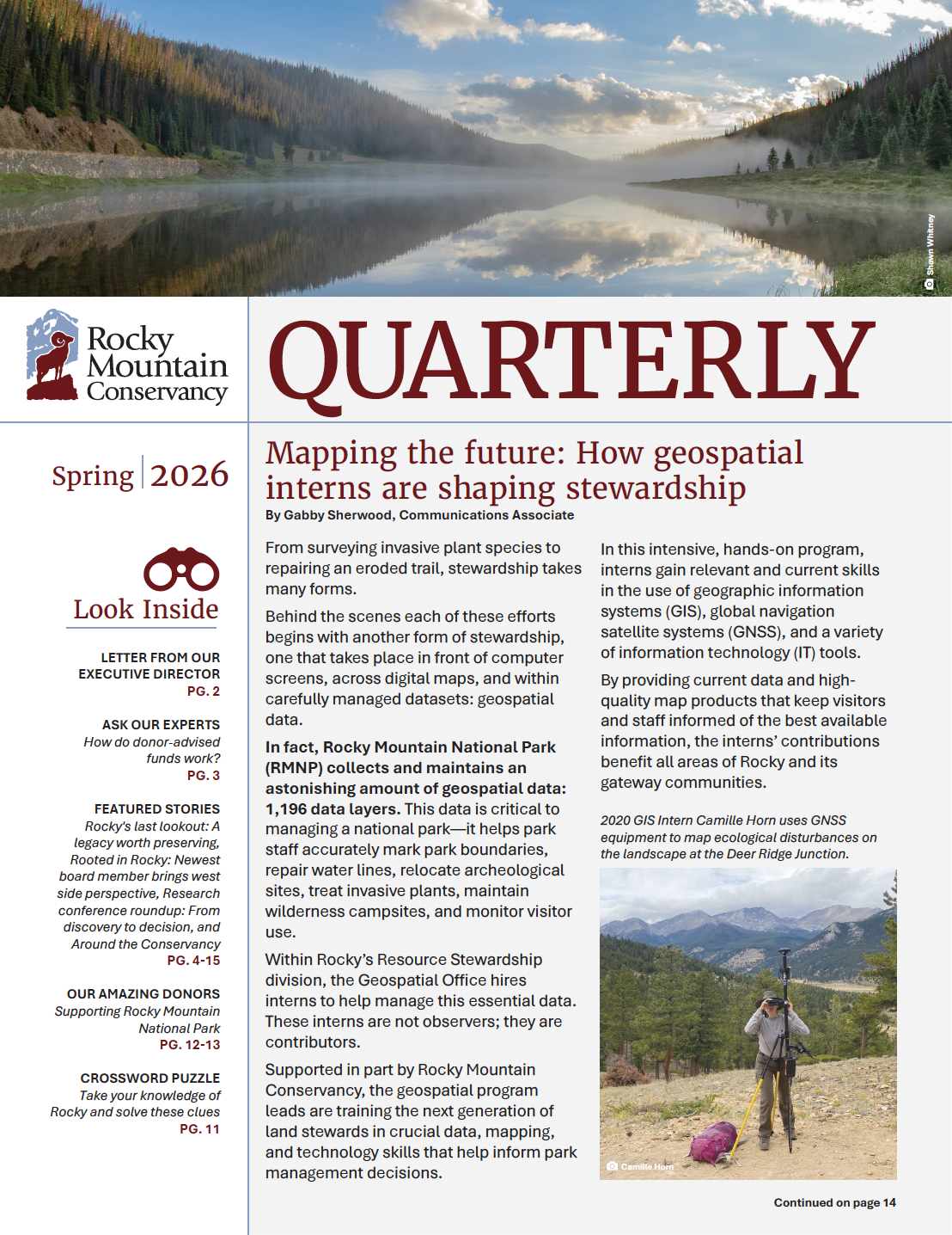 Cover of Rocky Mountain Conservancy’s Spring 2026 Quarterly featuring an article on geospatial interns, a list of featured stories, and a hiker using surveying equipment in a mountain meadow.