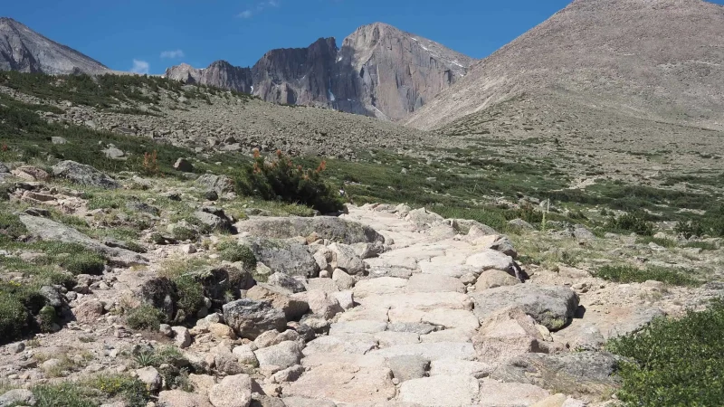 Stone-paved trail below Longs Peak