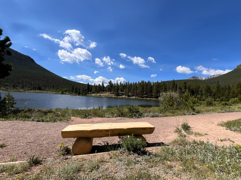 A rustic bench overlooks Lily Lake and the surrounding mountains in Rocky Mountain National Park.