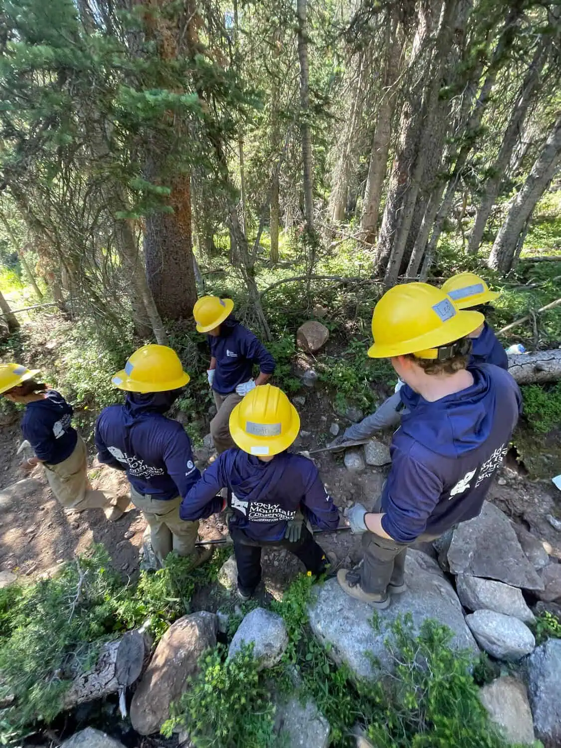Conservation Corps crew gathered around a newly placed trail stone